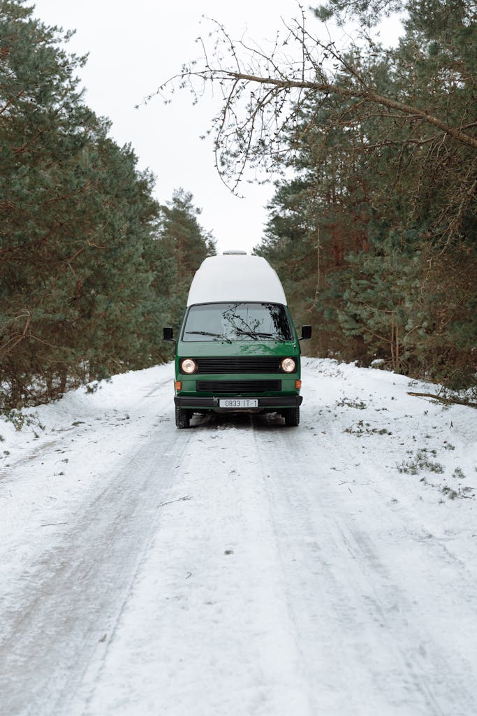 A Campervan on a Snow Covered Road